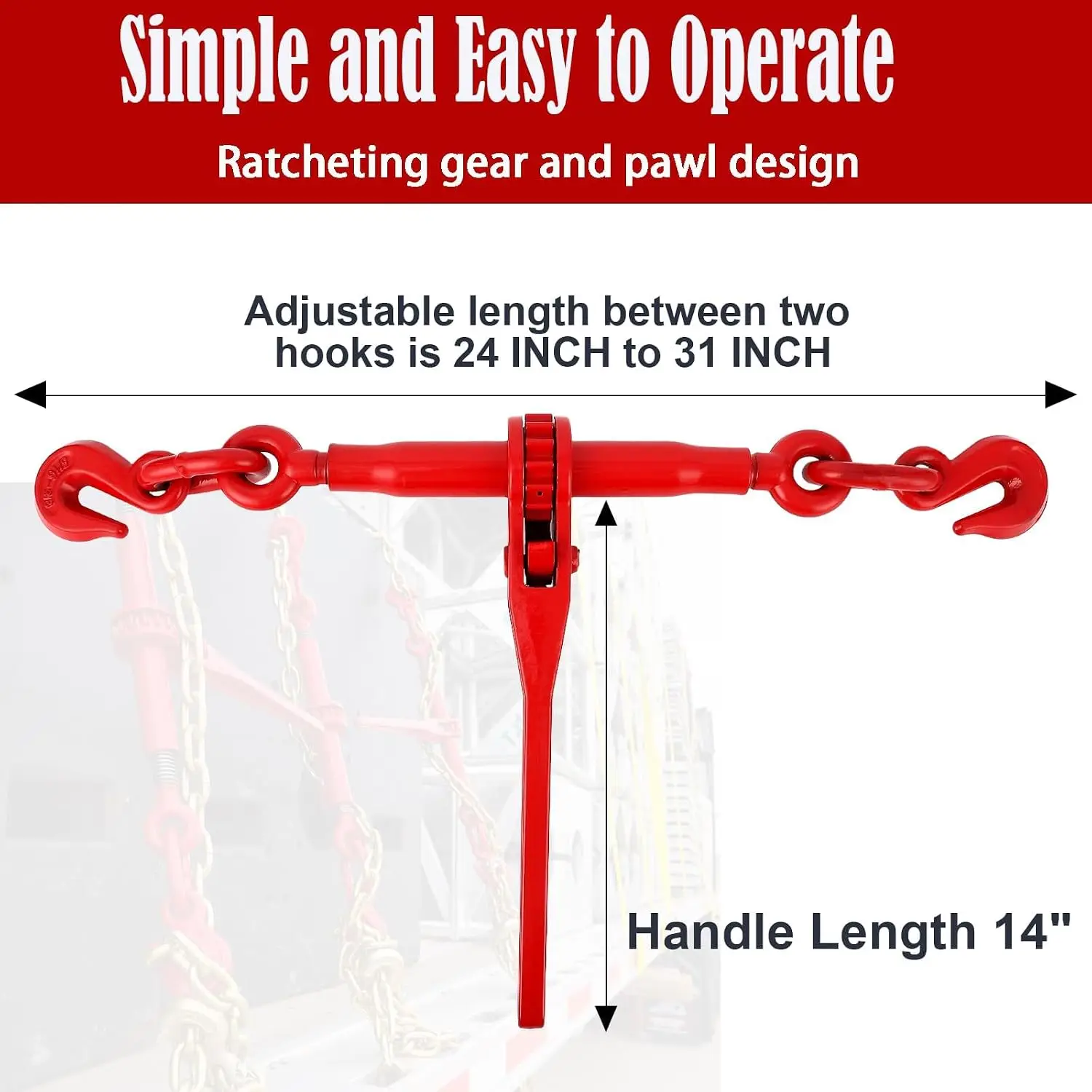 Chain Binder Kit 2 Binders, 3 8-1 2inchX10FT/5 16-3 8inchX10FT Chains Ratchet Tension Adjustment, 24–31 in Hook Span, Truck and Trailer Cargo Securement, Farm and Construction Equipment Transport