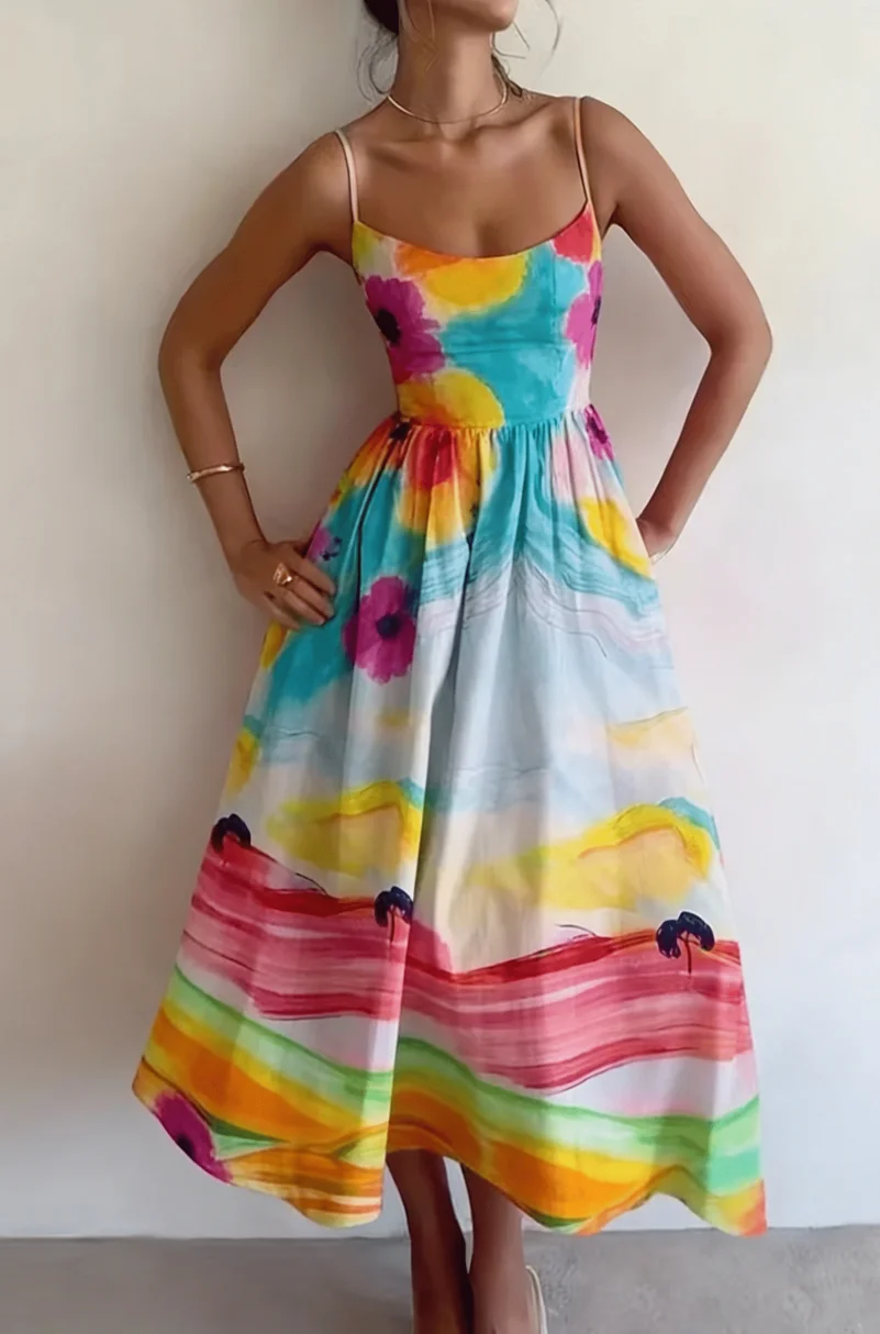 Women's New Summer Style Artistic Watercolor Landscape Print Spaghetti Strap Waist-Cinching A-Line Flared Dress, Casual Resort Style, Suitable for Beach Vacations, Weekend Outings, Casual Dates, and Other Light Social Occasions, Perfect for Spring and Summer Wear