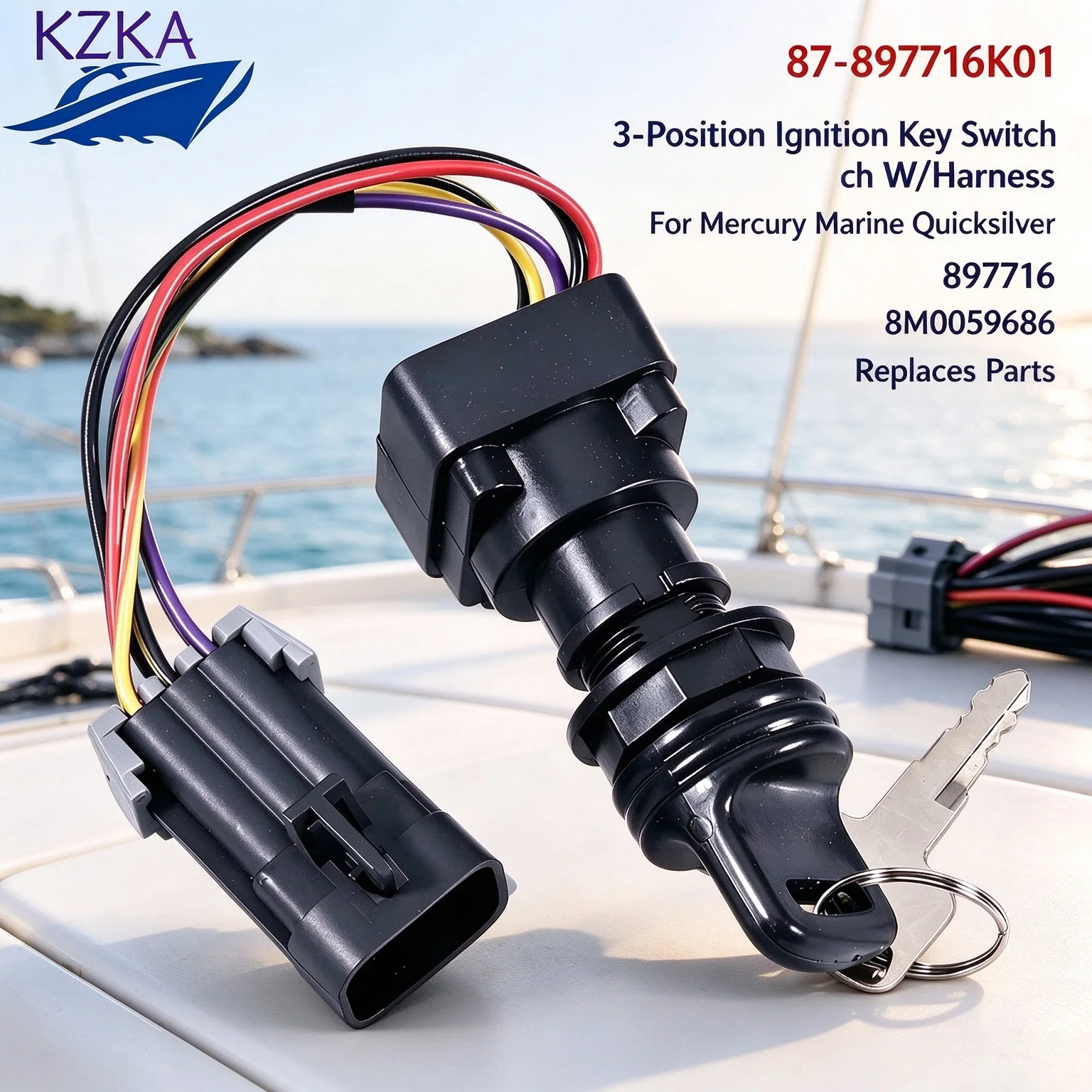 87-897716K01 3-Position Ignition Key Switch W/Harness For Mercury Boat Engine 897716 8M0059686 Quicksilver Replaces Parts