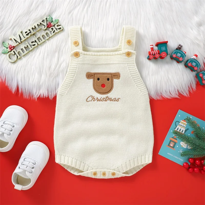 Baby Boys Girls Overalls Sleeveless Embroidery Knit Rompers Newborn Christmas Clothes