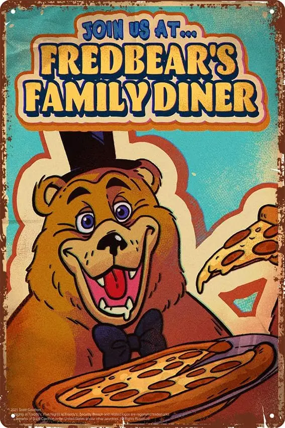 1q ، انضمنا في Fredbears Family Diner FNAF ملصق التصوير الفوتوغرافي طباعة ريترو معدن القصدير خمر تسجيل لعبة غرفة رجل الكهف وول