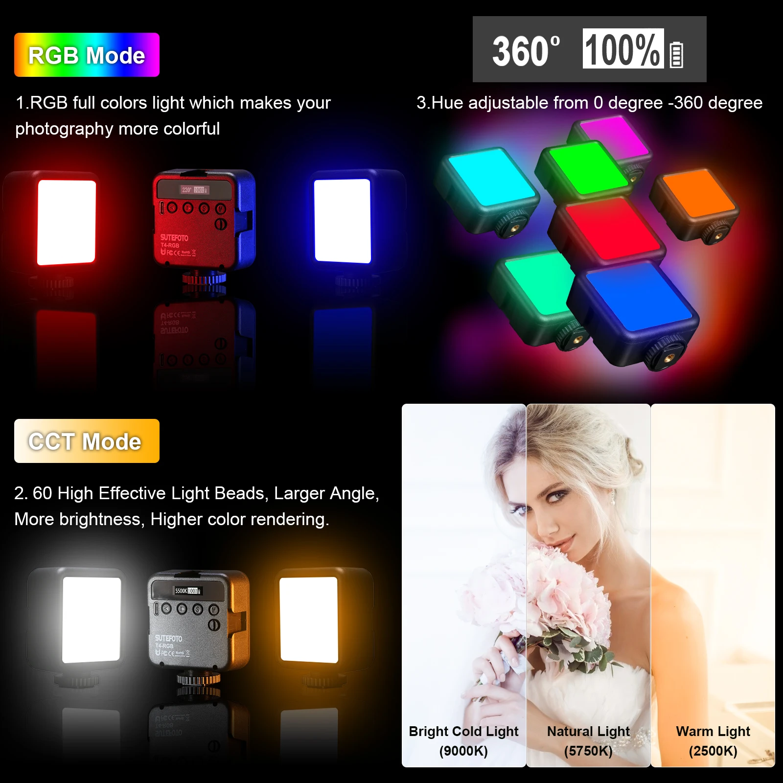   Sutefoto T4 Taşınabilir Tam Renkli RGB Led Video Işığı 2500K-9000K 6W 2000mAh Kamera Işığı 3 Soğuk Ayakkabı ile fotoğraf aydınlatması