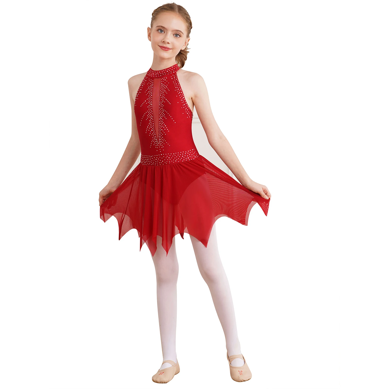 Kids Girls Halter Strappy Back Ballet Dance Dress Skirted Leotard Sparkly Rhinestones Figure Ice Skating Competition Costume