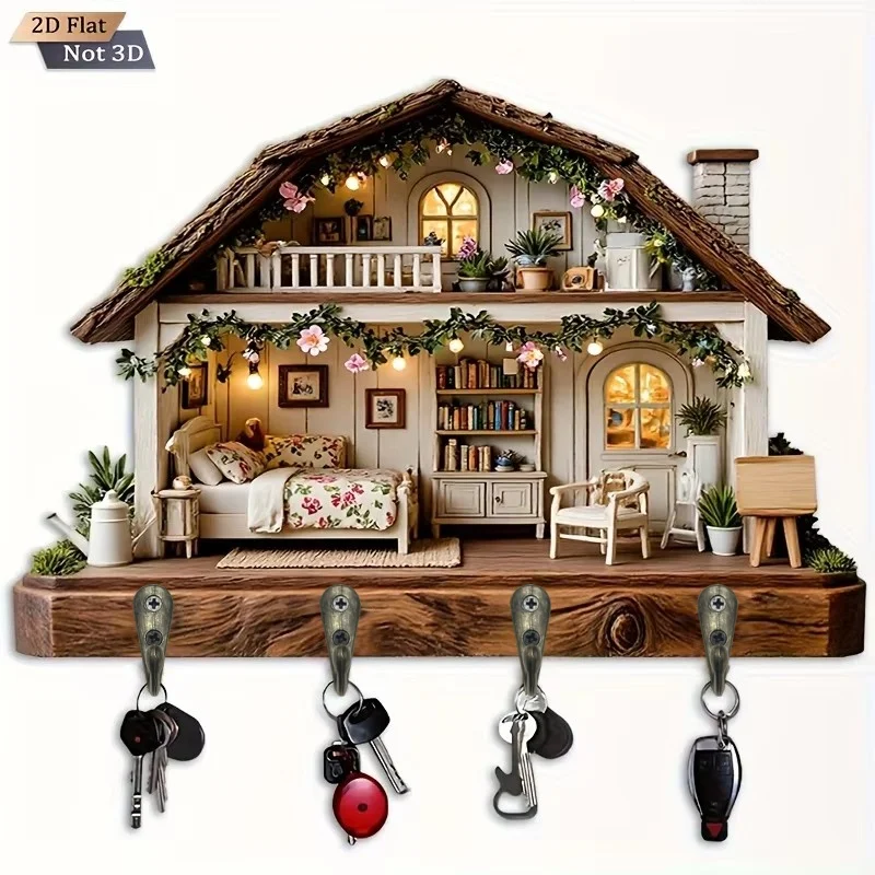2D Flat. 1pc. Cabin-Style Key Hanger - Multi-Functional Decorative Key Rack, With Four Metal Hooks, Wall Decoration, Room
