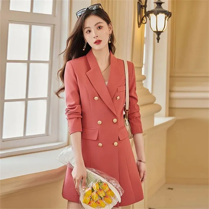 Autumn Winter Mid-Long Suits Jacket Women 2024New Suit Collar Coat Fashion Double-Breasted Outerwear Loose Elegant Blazer Female