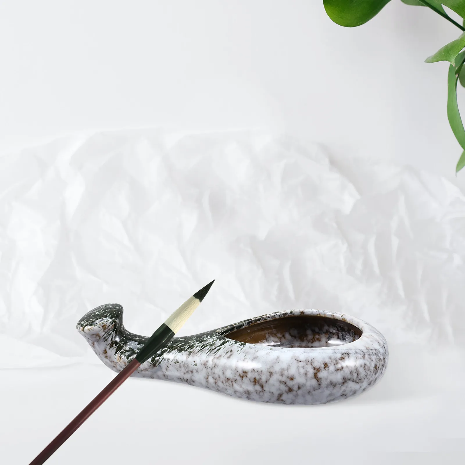 Tray Chinese Calligraphy Brush Holder Drawing Penholder Ceramic Ink Plate Dish Silver Dipping