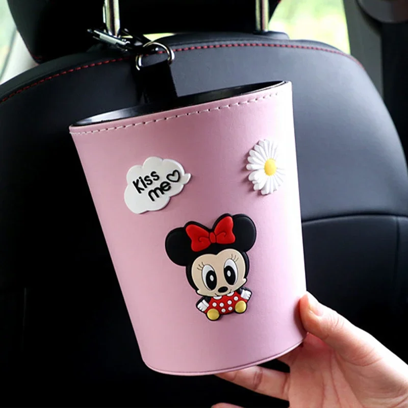 Disney Mickey Minnie Car Hanging Trash Can Interior Accessories Cute Animation Car Seat Back Garbage Box Foldable Storage Box