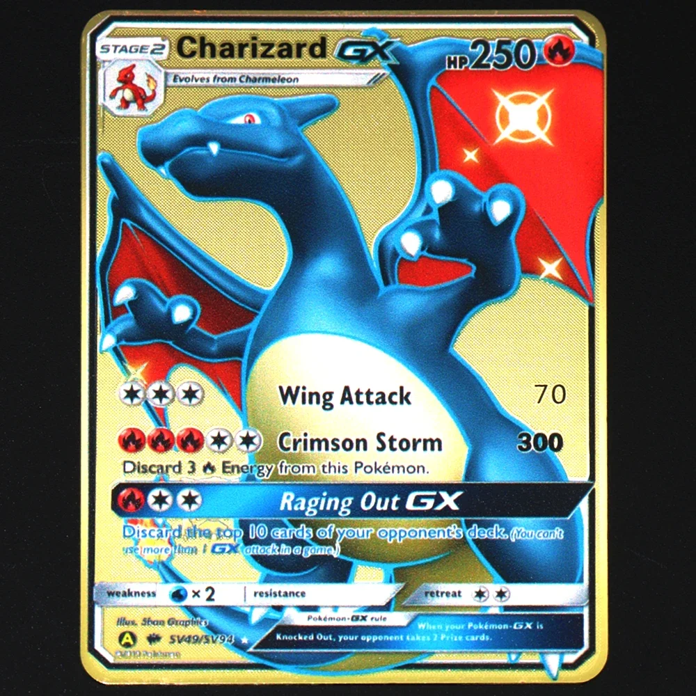 Pokemon High Combat Power 183200HP Golden Black English French Metal Rare Collectible Card Vmax Mega GX Pikachu Charizard Mewtwo