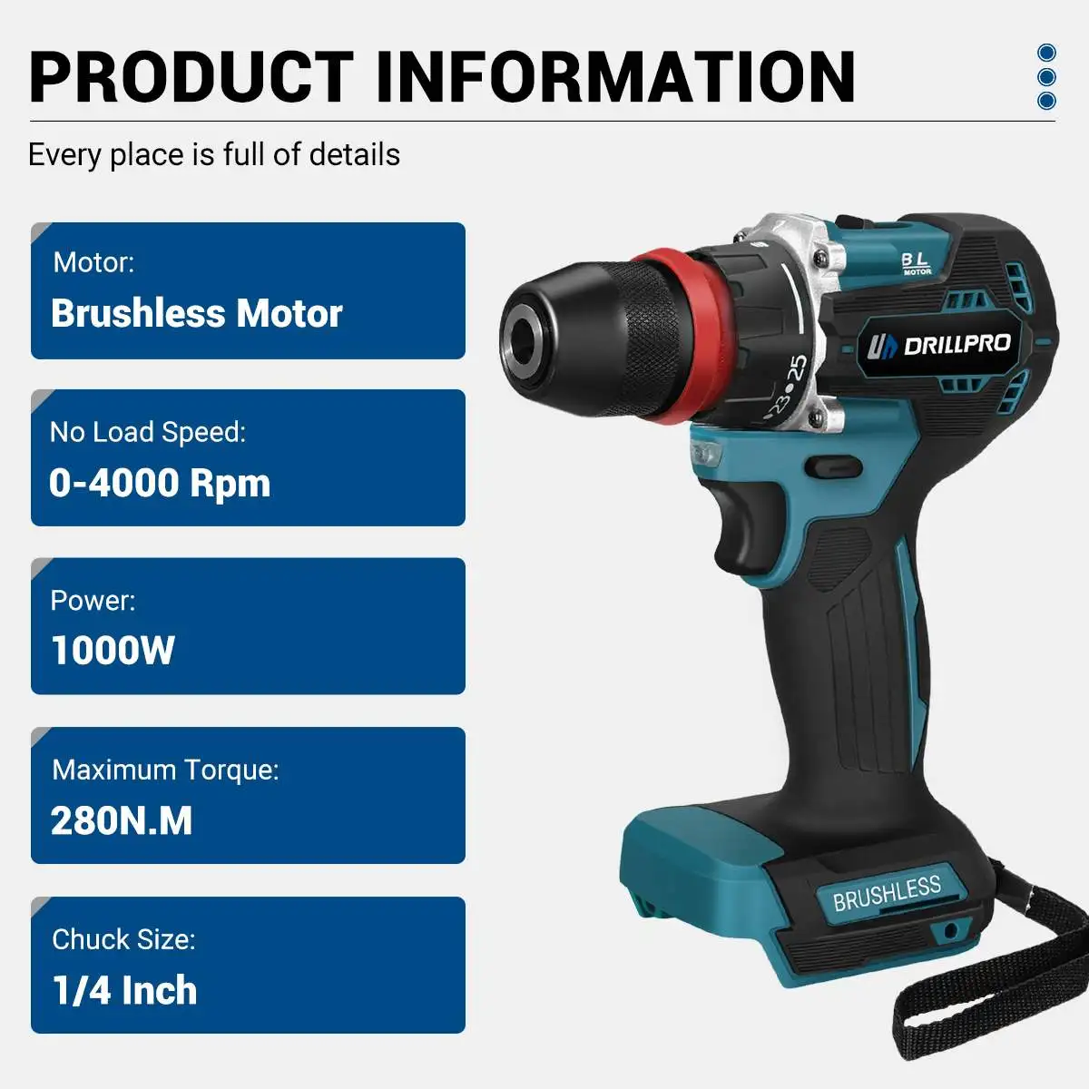 Drillpro 2in1 Brushless Electric Screwdriver 280N.m Multifunctional Wireless Electric Drill Power Tool for Makita battery