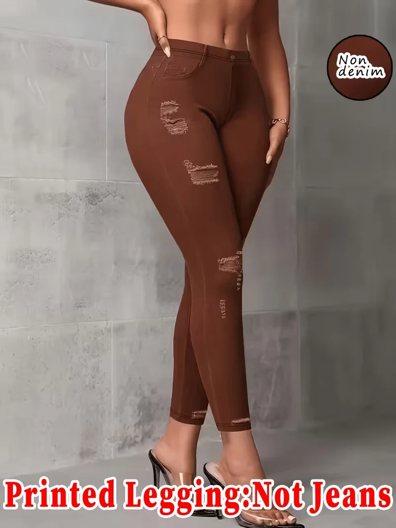 Women Printed Leggings Not Denim Fabric, Fake Pocket & Button Print Design Pants, High Elastic Fashion Slim Fit Skinny Casual