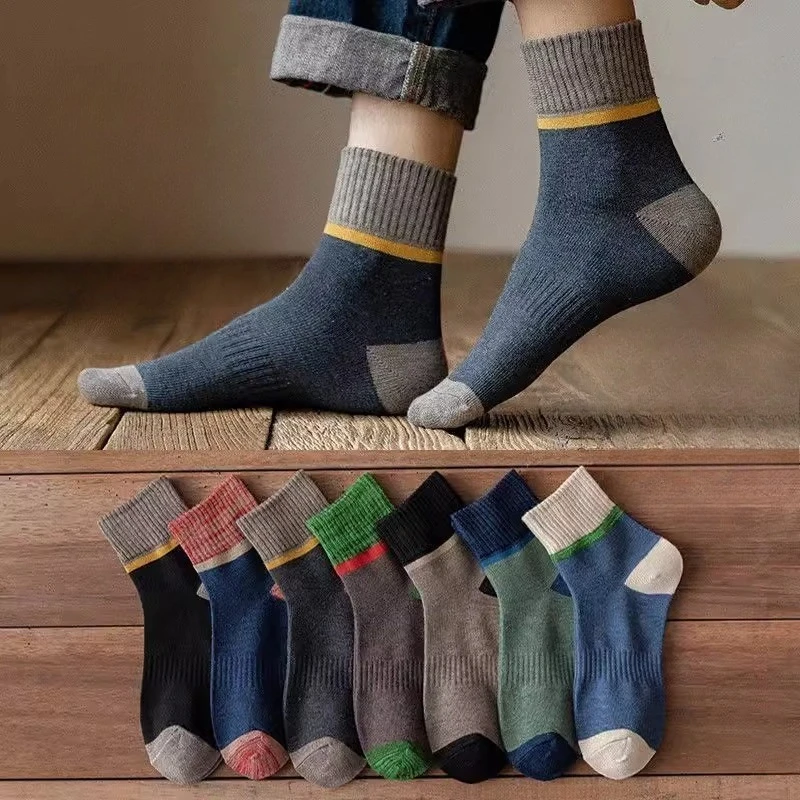7 pairs of men's spring autumn thick mid tube socks anti odor sweat absorbing color blocked anti slip sporty simple casual socks