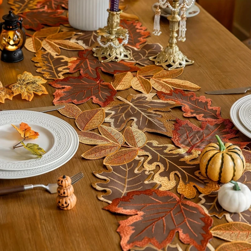 Embroidered Autumn Maple Leaf Table Runner Flocked Brown Farmhouse Style For Thanksgiving Harvest Dining Table Decor Ornament