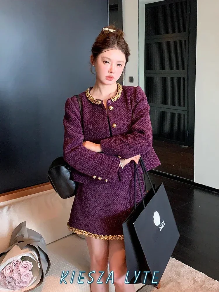 Fashion 2024 Autumn Winter French Purple Skirt Sets Women Diamond Splice High Quality Tweed Short Coats Thickened Two-Piece Suit