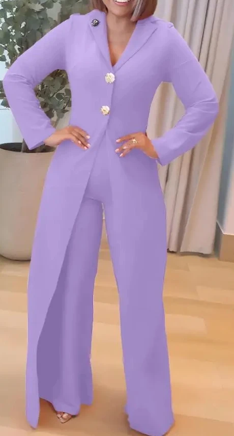 Women's Casual Lapel Jumpsuit Long - Sleeve Design Decorative Button and Cinched Waist Wide Leg Faux Two-Piece Jumpsuit