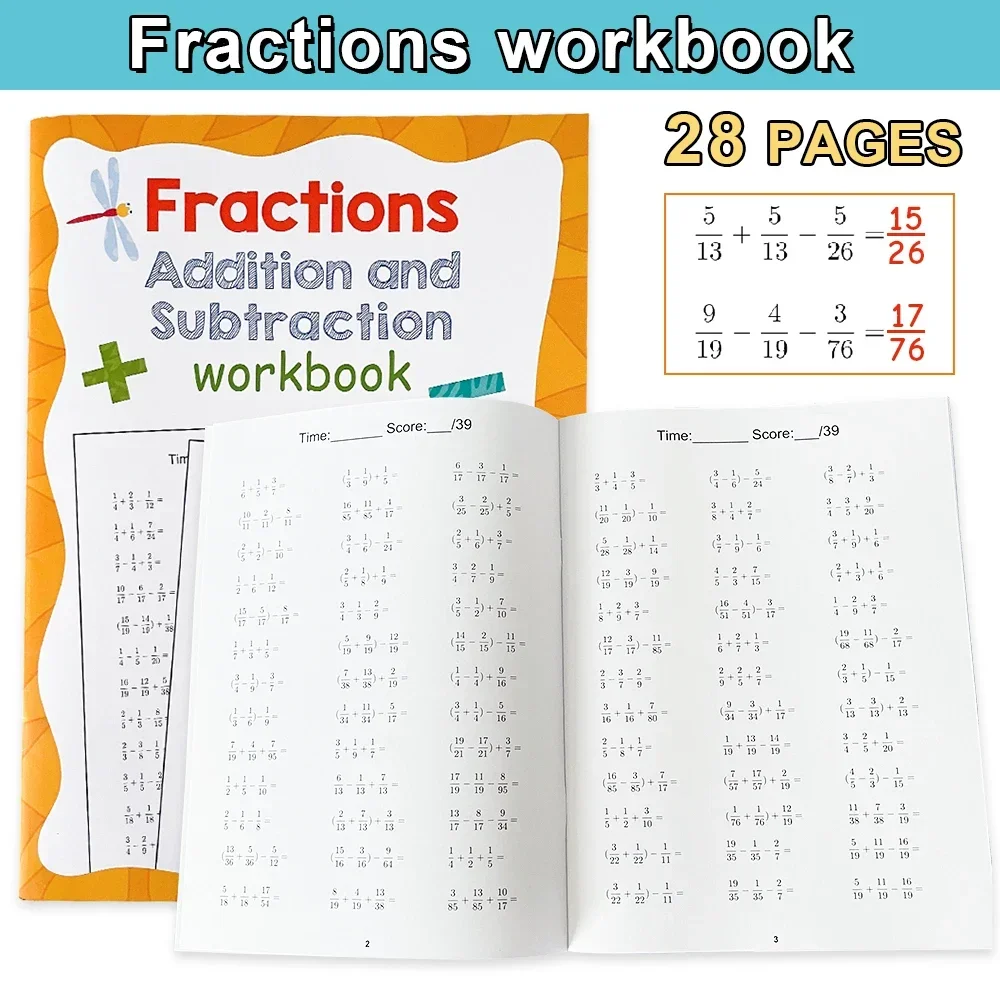 28Pages Adding and Subtracting Fractions with Three Terms- Math Workbook Practice Learning materials for Student Primary School