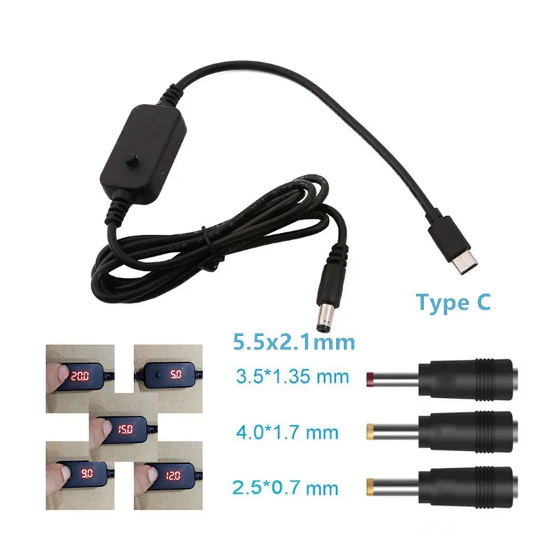 Typ C USB C do 5.5x2.1mm 2.5x0.7 /3.5x1.35mm 4.0x1.7mm 5V 9V 12V 15V 20V regulowane napięcie kabla z wskaźnik napięcia