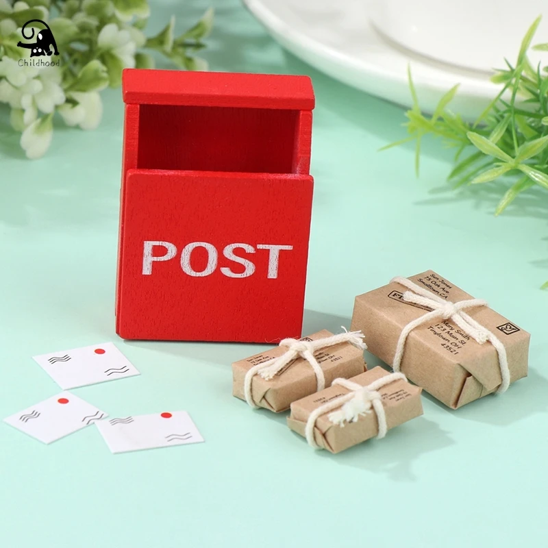 1Set 1:12 Dollhouse Miniature Letter Box Red Mailbox With Mail Sack Postcard Fairy Garden Door Furniture House Decor Toy