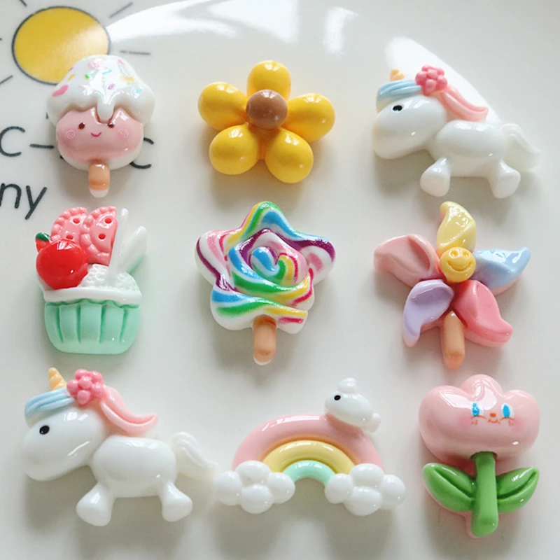 10 Pcs New Mini Cute Cartoon Unicorn, Rainbow, Ice Cream Resin Diy Fashion Jewellery Hairpin Decorate Accessories Craft