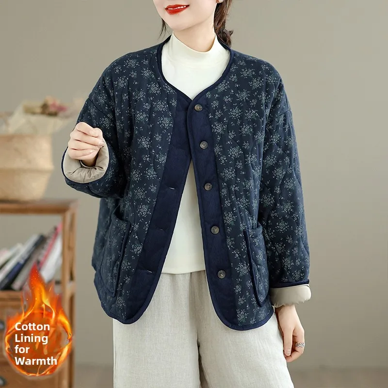 

Свободное пальто из хлопка с круглым вырезом для женщин больших размеров, с цветочным принтом, в ретро-стиле, зимнее, удлиненное, повседневное