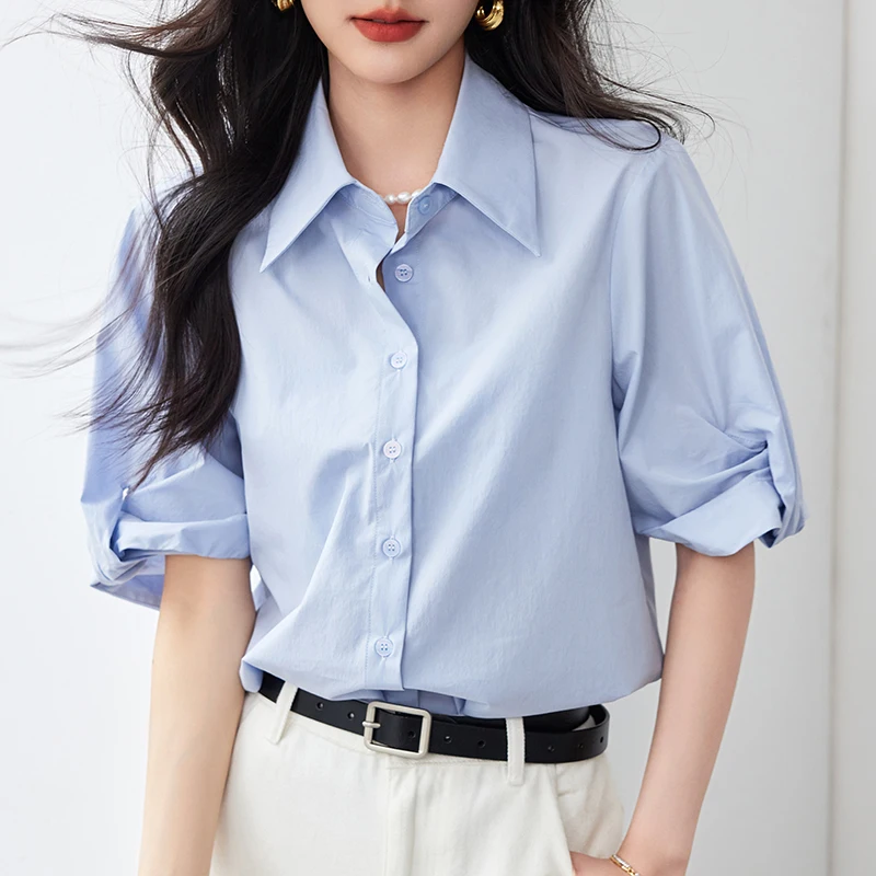 QOERLIN Womens Button Down Shirt Half Sleeve Dress Shirts Elegant Office Ladies Casual Blue Shirt Solid Work Blouse Tops Fashion