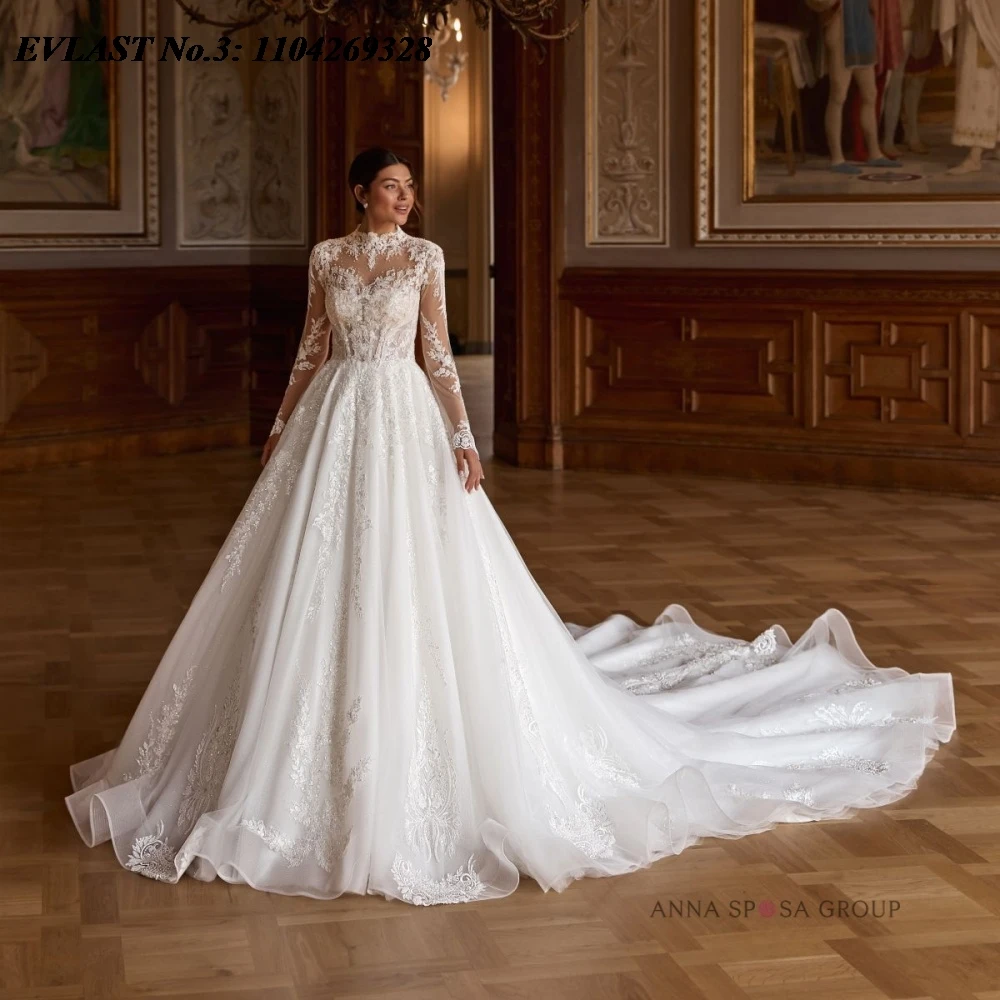 

EVLAST Customized Elegant A Line Wedding Dress Long Sleeve High Neck Floral Applique Beaded Bridal Gown Vestidos De Novia E3WA62