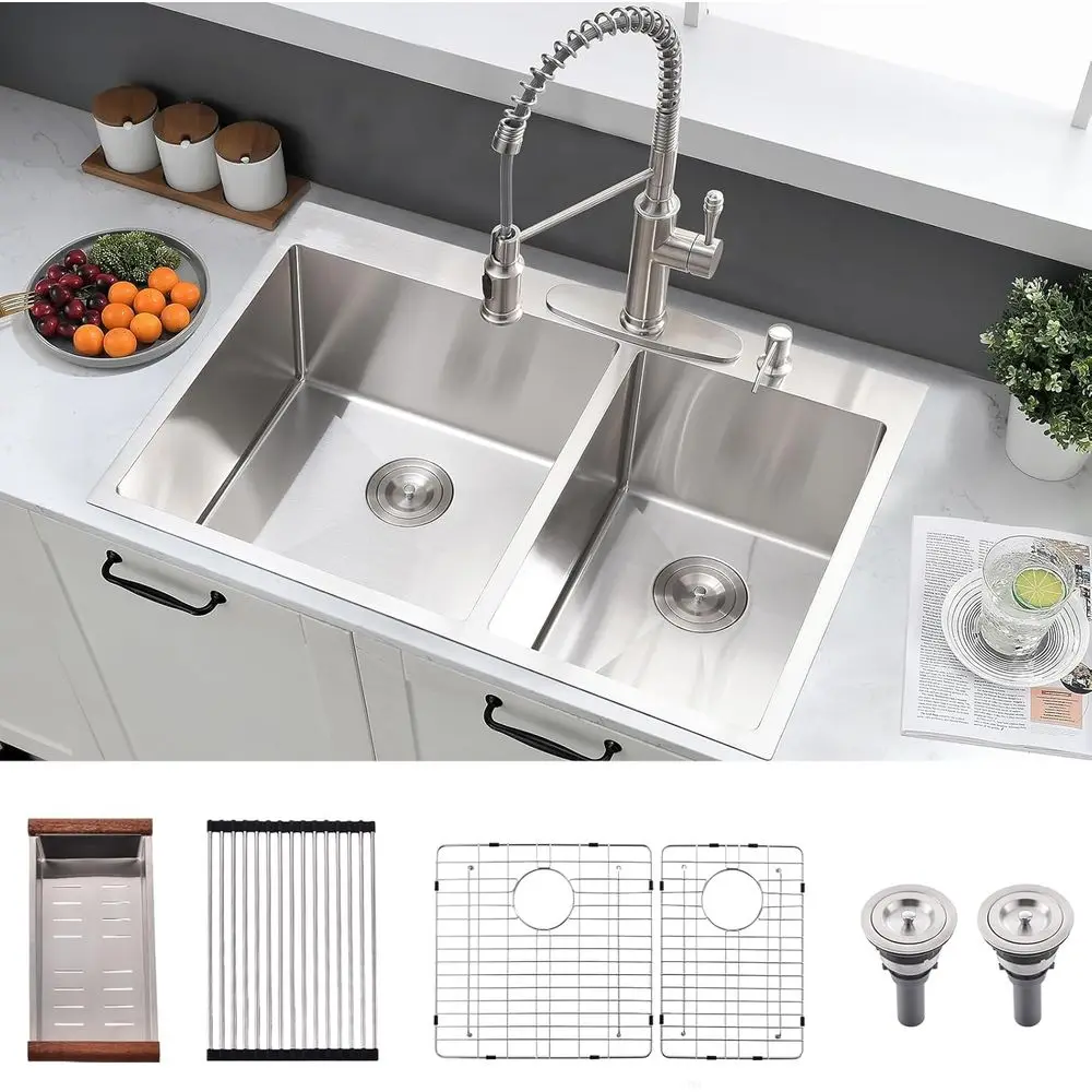 

33x22 Inch Double Bowl Kitchen Sink Drop In - 16 Gauge StainlSteel Top Mount Drop In Sink, 60/40 Split, Durable or Home Kitchen