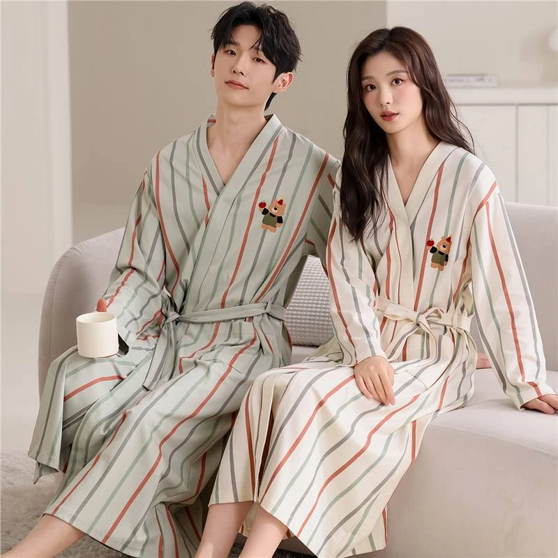 

Pure Cotton Cartoon Striped Robe Sleepwear Couples Bathrobe Kimono Long Sleeved Nightgown Intimate Lingerie Sexy Home Wear