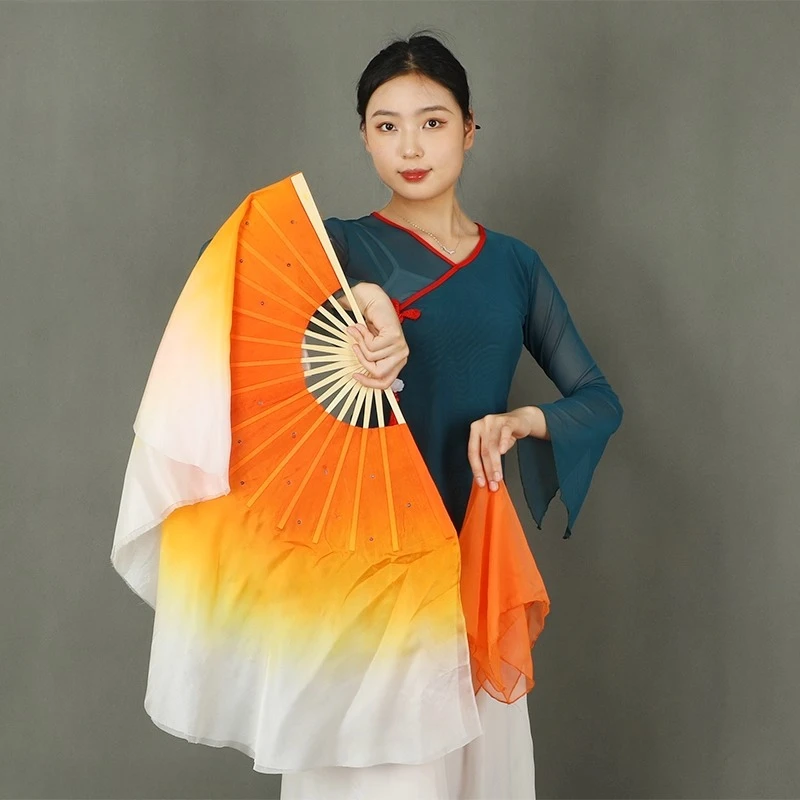 1 Pair Real Silk Veil Chinese Folk Dance Fan Bamboo Ribs Double Sided Performance Props Short Fan Veils Gradient Yellow