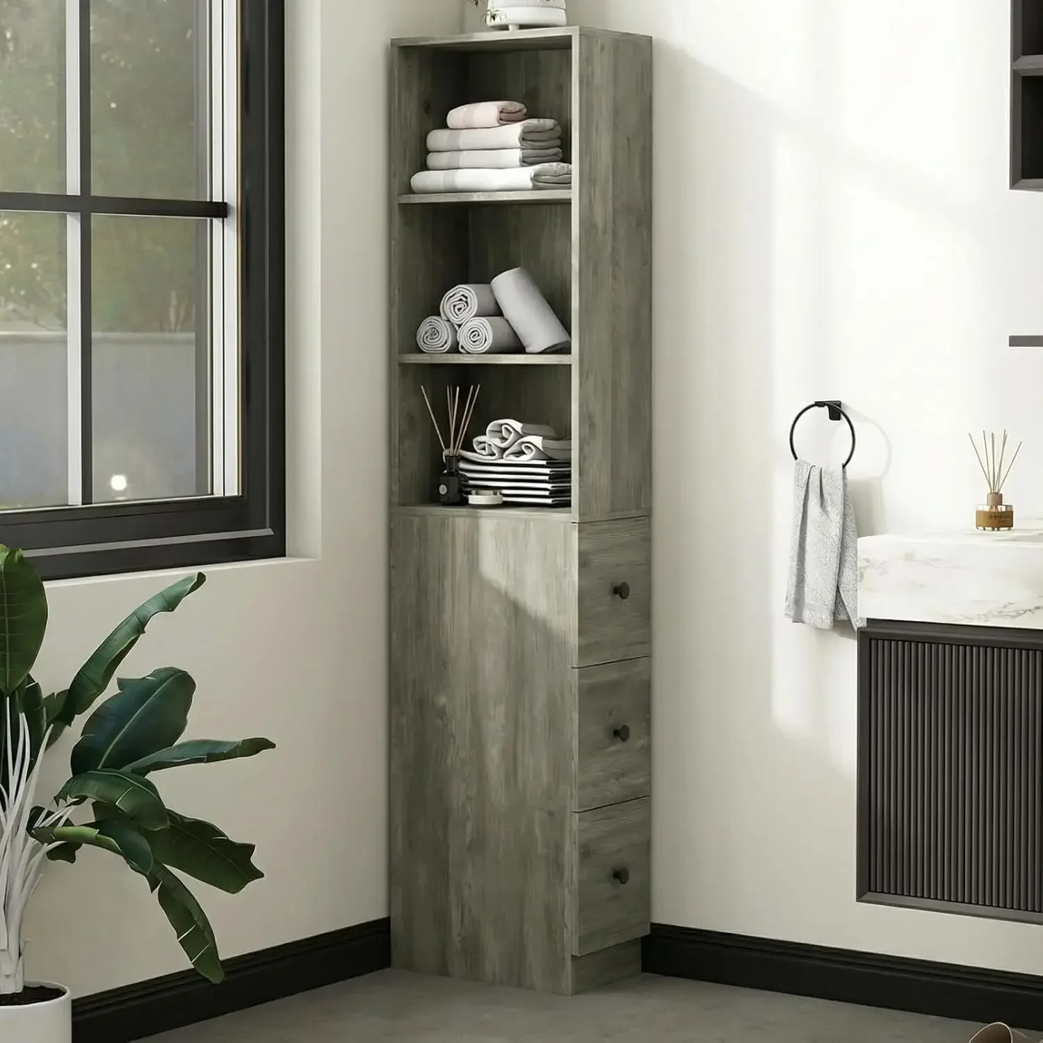 Storage Cabinet Tall Narrow Bathroom Organizer with 3-Level Adjustable Shelves Slim Free Standing Space Saver for Living Room Ki
