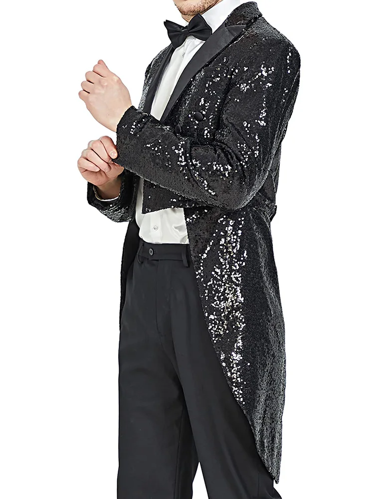 Men Sequin Tuxedo Suit Jacket Sparkly Tails Slim Fit Tailcoat Dress Coat Swallowtail Dinner Party Wedding Formal Blazer