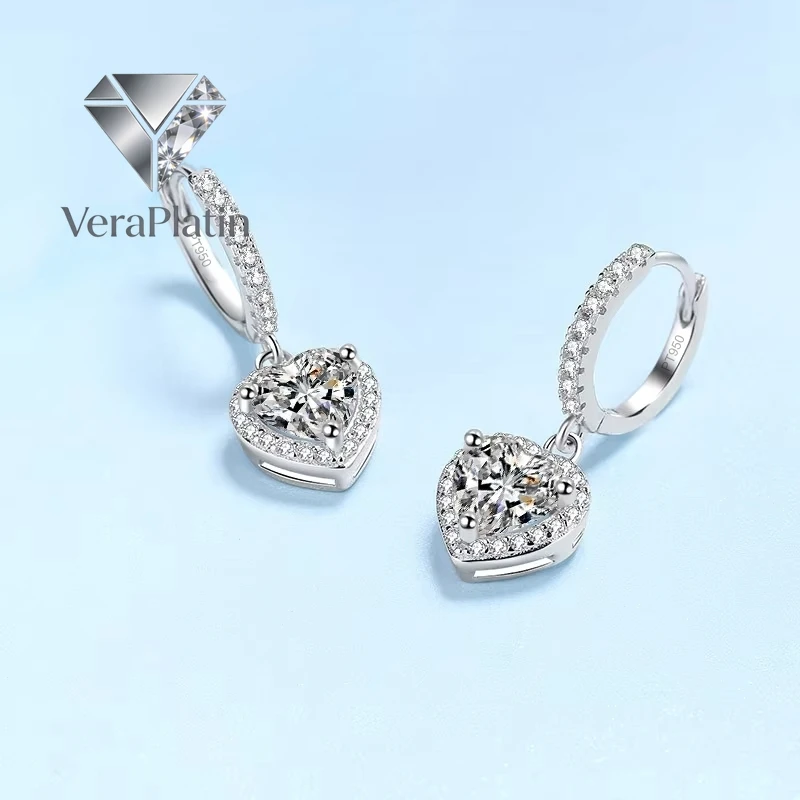 

VeraPlatin WOMEN Valentine's Day PT950 Platinum Drop Earrings Girlfriend Birthday Gift 2CT Heart Moissanite Diamond Wedding Fine