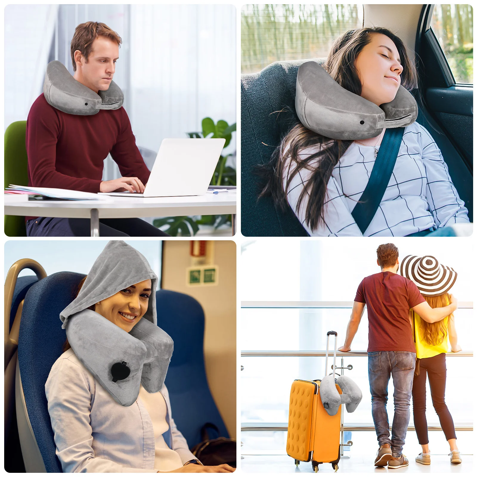 

Inflatable Neck Support Travel Pillow U-Shaped Lightweight Travel Neck Pillow Hood Design Portable for Plane Car Office