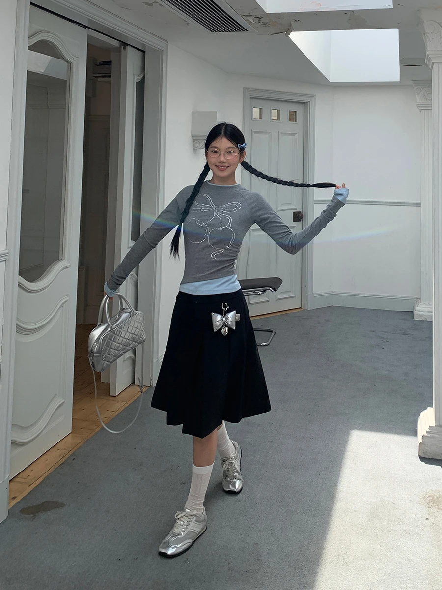 Cseta de Manga Larga con Diseño Adeazante para Mujer, Primavera-Otoño 2025, Nuevo Estilo, Cseta de Dos Piezas Falsa p...