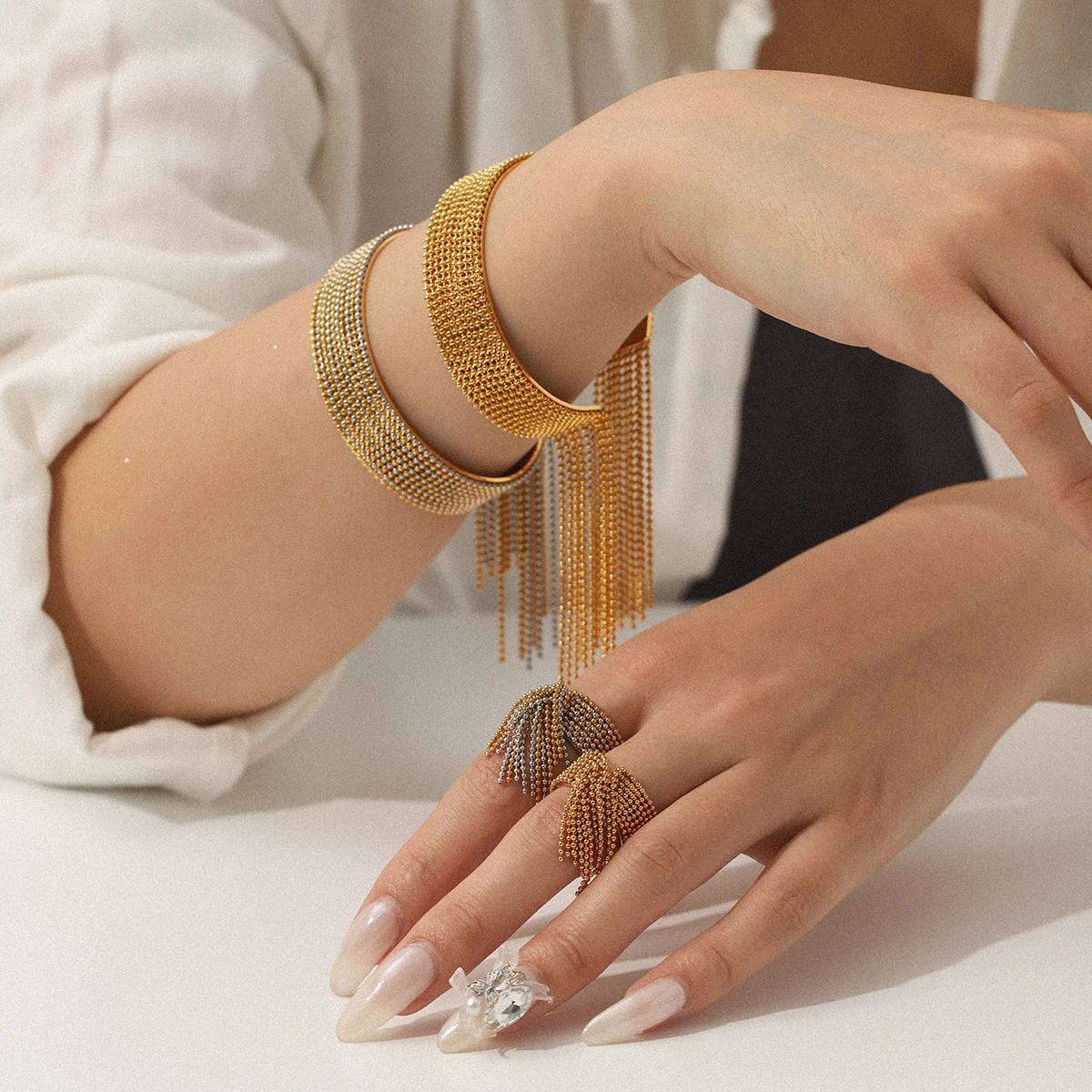 Huangchao 1Pc Bead Chain Fringed Cuff Bracelet or Open Ring for Women, Stainless Steel Plated 18K Gold Bangles Fashion Jewelry