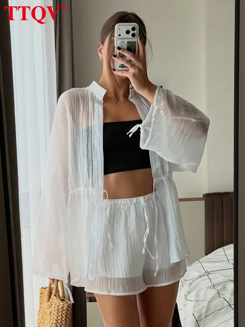 TTQV Sexy Loose White See Through 2 Pieces Set For Woman Fashion Long Sleeve Shirt With High Waist Shorts Set Female Clothing