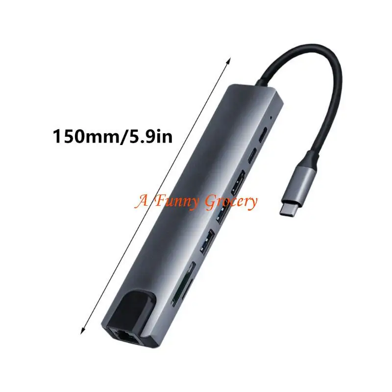 652E 8 1 Card Reader Dongle Donking Station com Gigabit Ethernet USB Port Type-C Converter