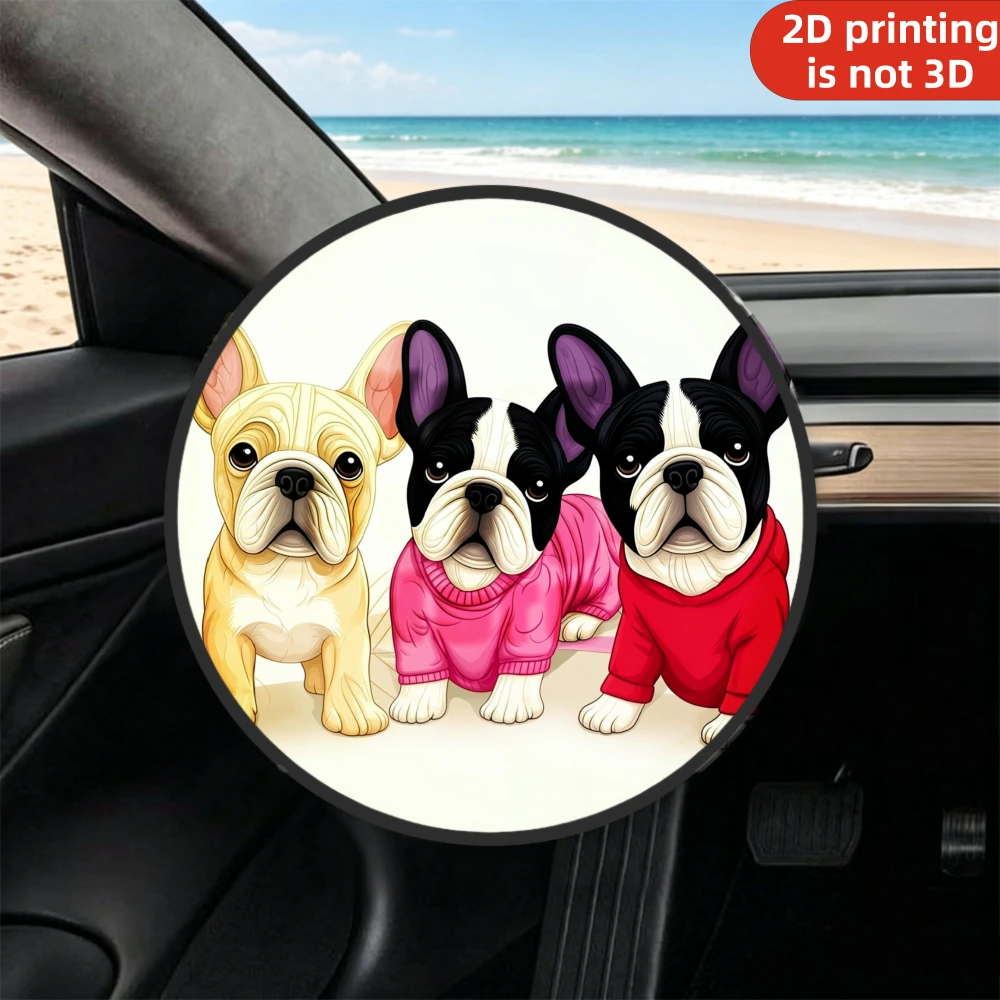 1pc Steering Wheel Cover, Three Cute French Bulldog Puppies, Sunshade And Summer Car Essential, Keeping Cool, High-Temperature