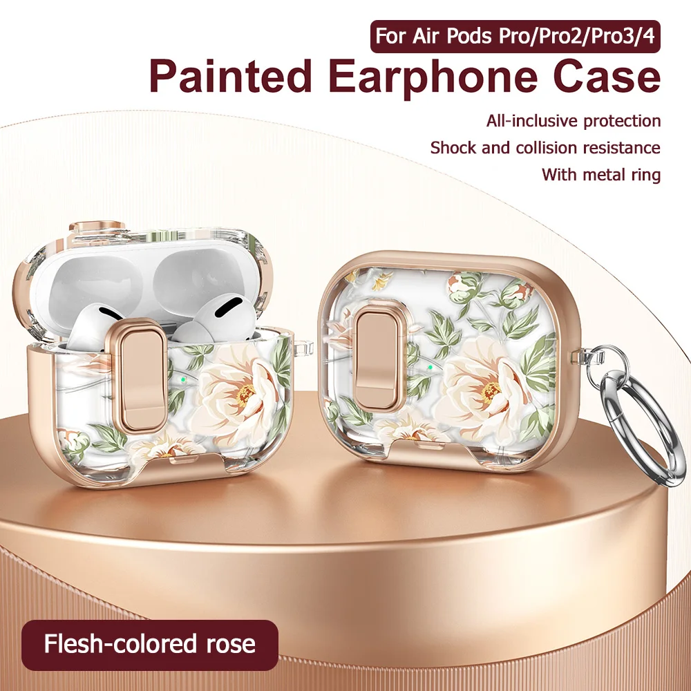 Image of Blumenmuster-Schutzhülle mit Handyhalterung für AirPods Pro 2, 3, 4 und AirPods 4 Pro3, mit Sicherheitsverschluss, Kopfhörerhülle, Ohrhörer-Coque, Sleeve