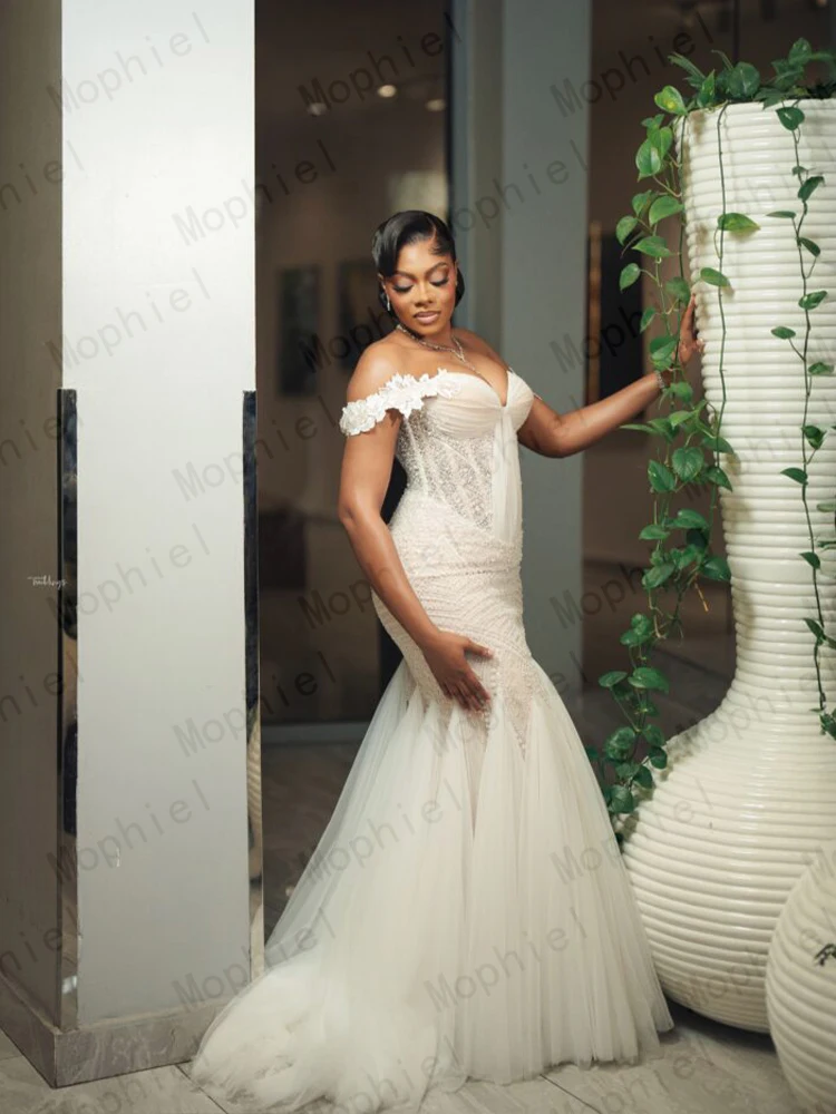 Luxury Wedding Dresses Off Shoulder Sleeveless Mermaid African Lace Bridal Gown Beaded Reception Tulle Bride Dress Customized