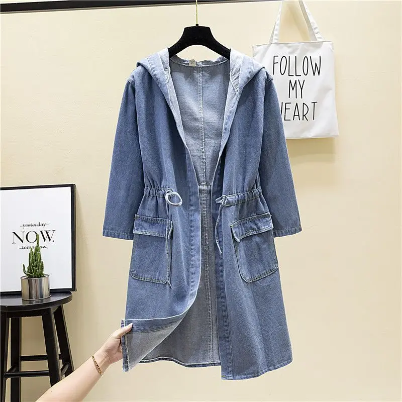 

Женское джинсовое пальто с капюшоном, Повседневная Свободная уличная куртка из денима в стиле Харадзюку, Y2k