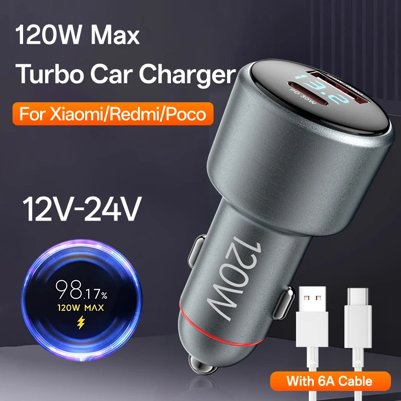 Caricabatteria per auto veloce da 120 W ricarica super veloce Mini tipo C caricabatteria per telefono per auto per Xiaomi 17 15 14 14T 13 13T POCO X5 X4 Pro F5 Redmi 14