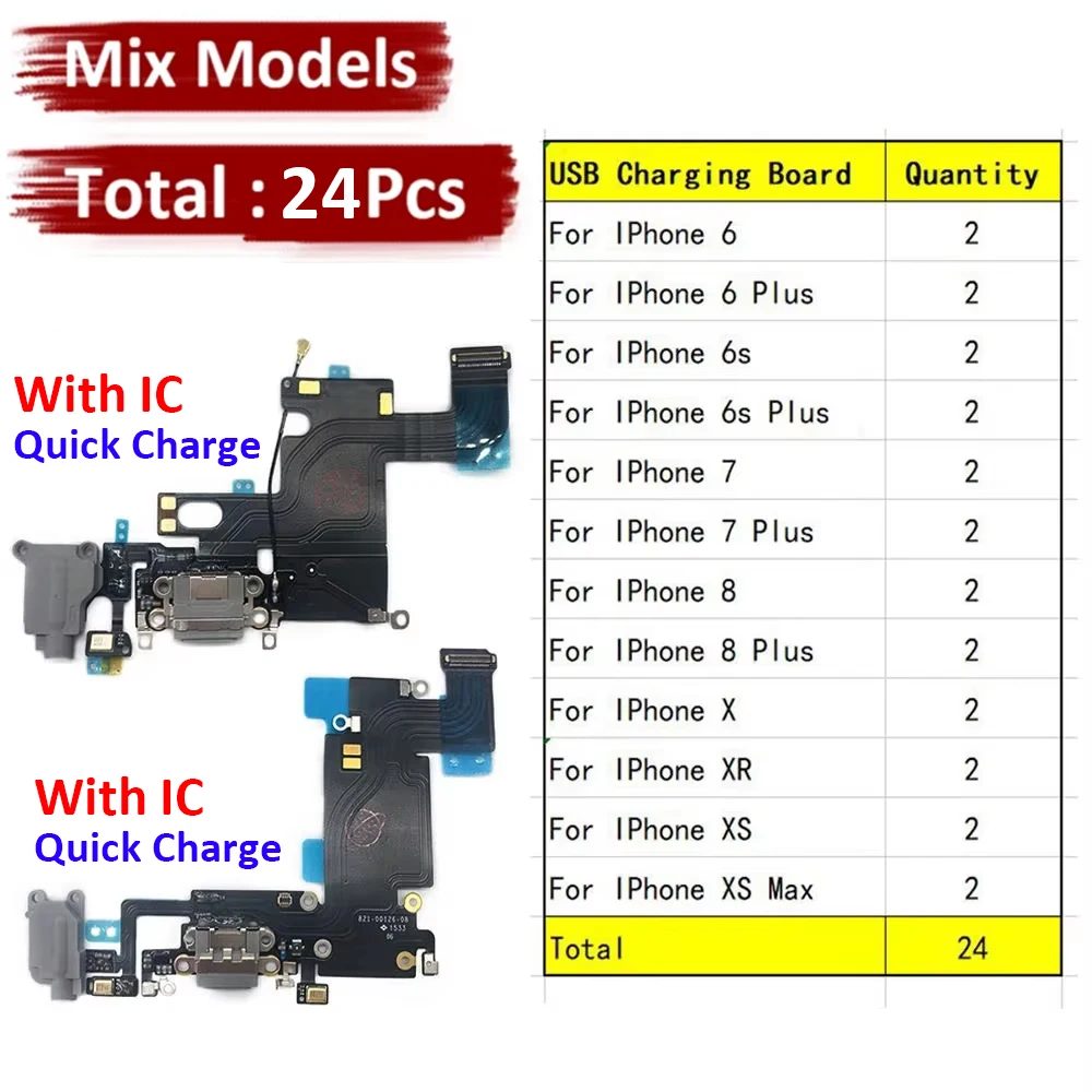 24Pcs，USB Charging Port Board Flex Cable Connector Microphone Module For iPhone 6 6S 7 8 Plus X XR XS Max