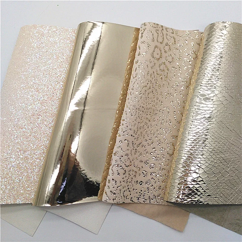 Cream Chunky Glitter Leather Gold Leopard Velvet Fabric Metallic Snake Leather Mirror Faux Fabric For Bows DIY 21x29CM Q739