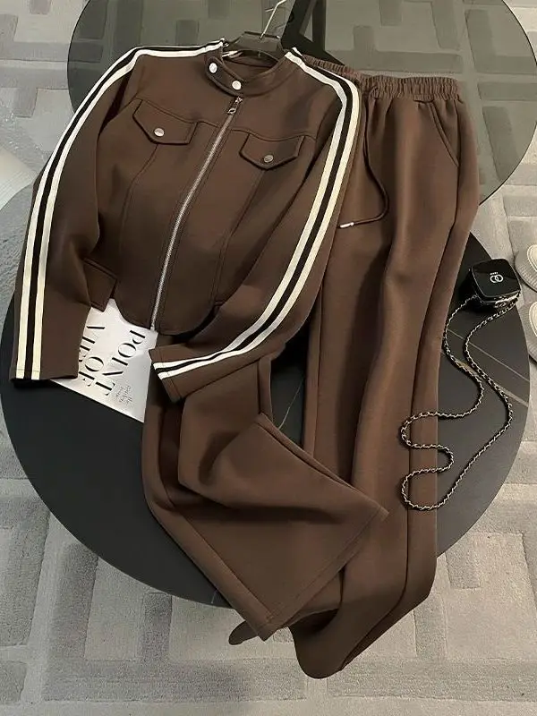 

Elegant Stripe Sports Set Women's Autumn Winter New Style Casual Sportswear Two-Piece Suit Wide Leg Pants Sweatshirt