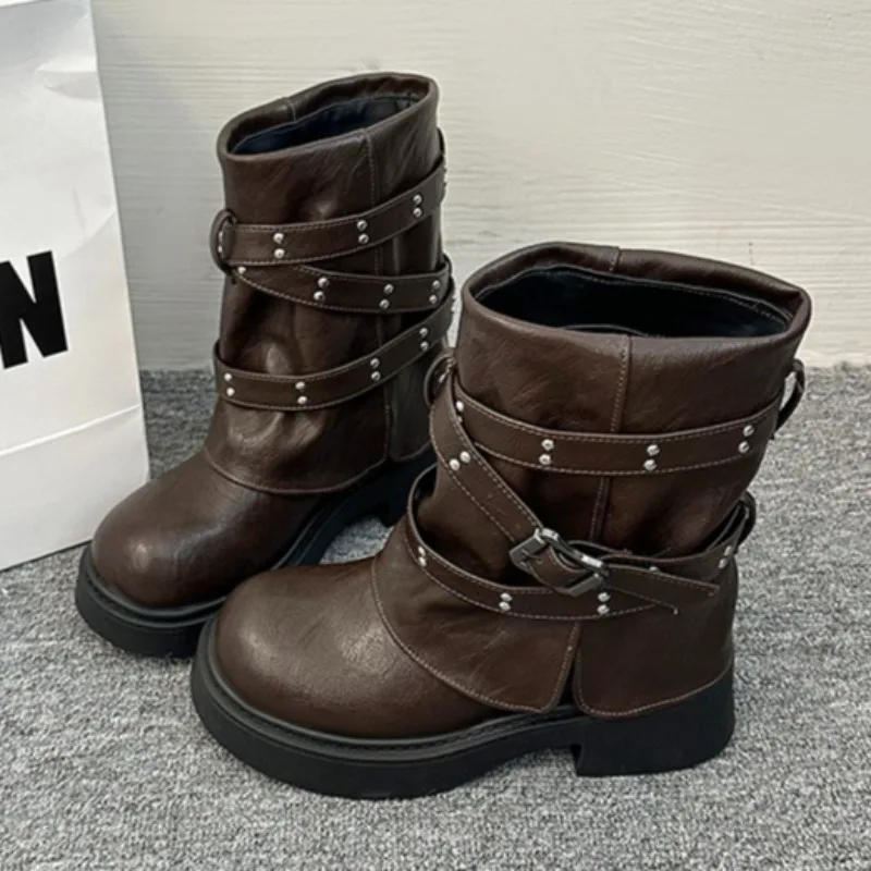 

Mid Heels Women Platform Ankle Boots Fashion Buckle Winter New Shoes 2025 Designer Classical Short Boots Party Pumps Zapatillas