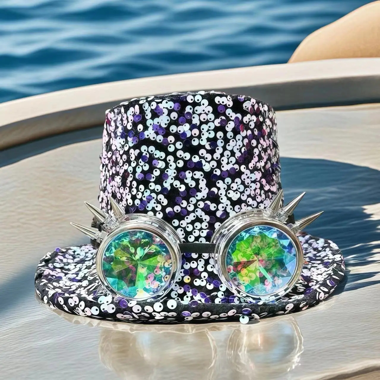HongLuan Violette Steampunk-Zylinder für Herren, Pailletten-Festival-Zylinder für Damen mit Schutzbrille, Vintage-Burningman-Outfit für Damen – Detail 7