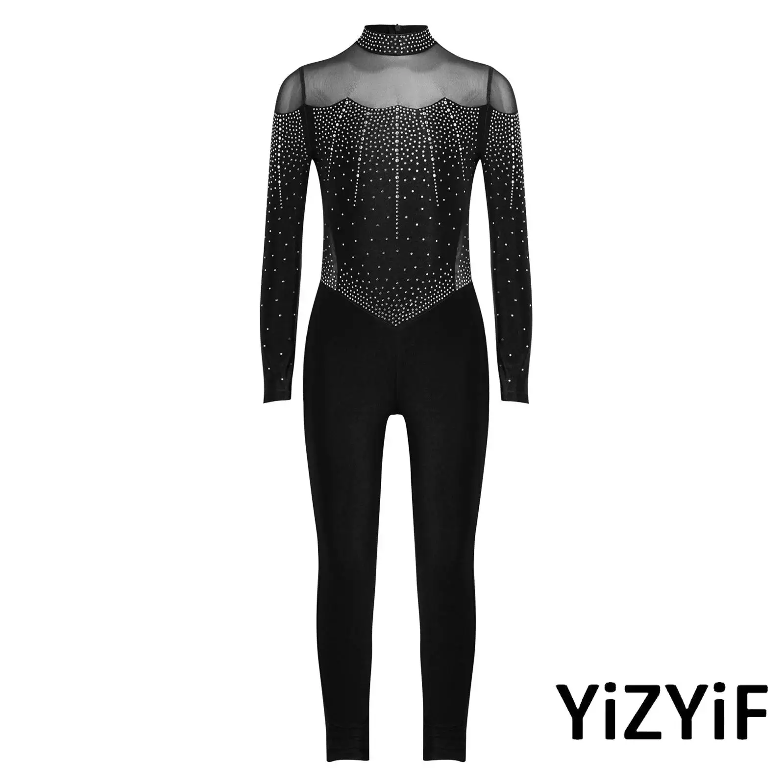

Radiant Latin Jazz Performance Leotard Jumpsuit for Girls with All Over Crystal Rhinestones Sheer Mesh Gymnastics Dance Bodysuit