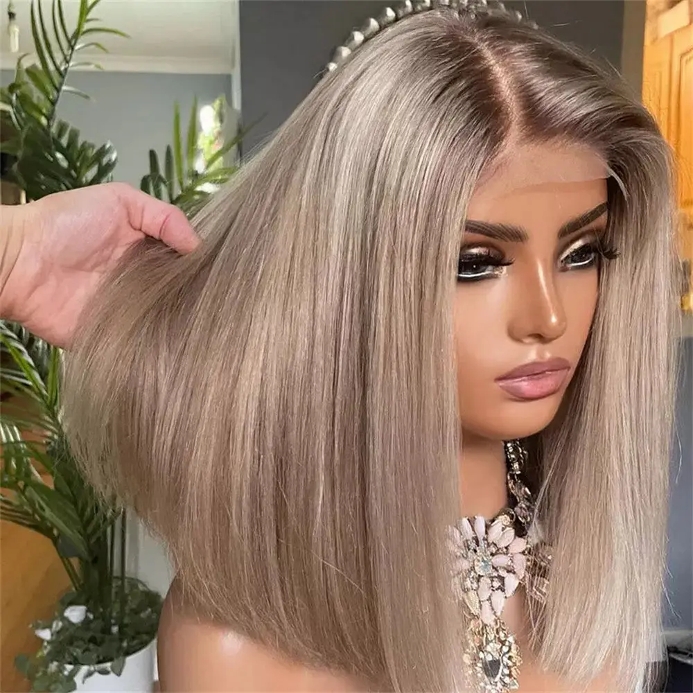 الرماد شقراء شعر مستعار اصطناعي مع جذور داكنة أومبير HD الدانتيل الجبهة الباروكات للنساء موضة ملابس مستقيمة طبيعية والذهاب غلويليس الباروكات #2