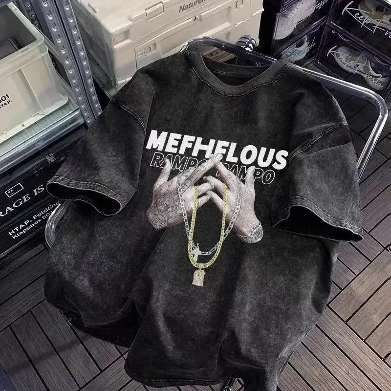 Vintage Washed Oversized T Shirt Men Hip Hop Hand Chain Graphic Print Short Sleeve Tees Streetwear Loose Casual Tops Unisex
