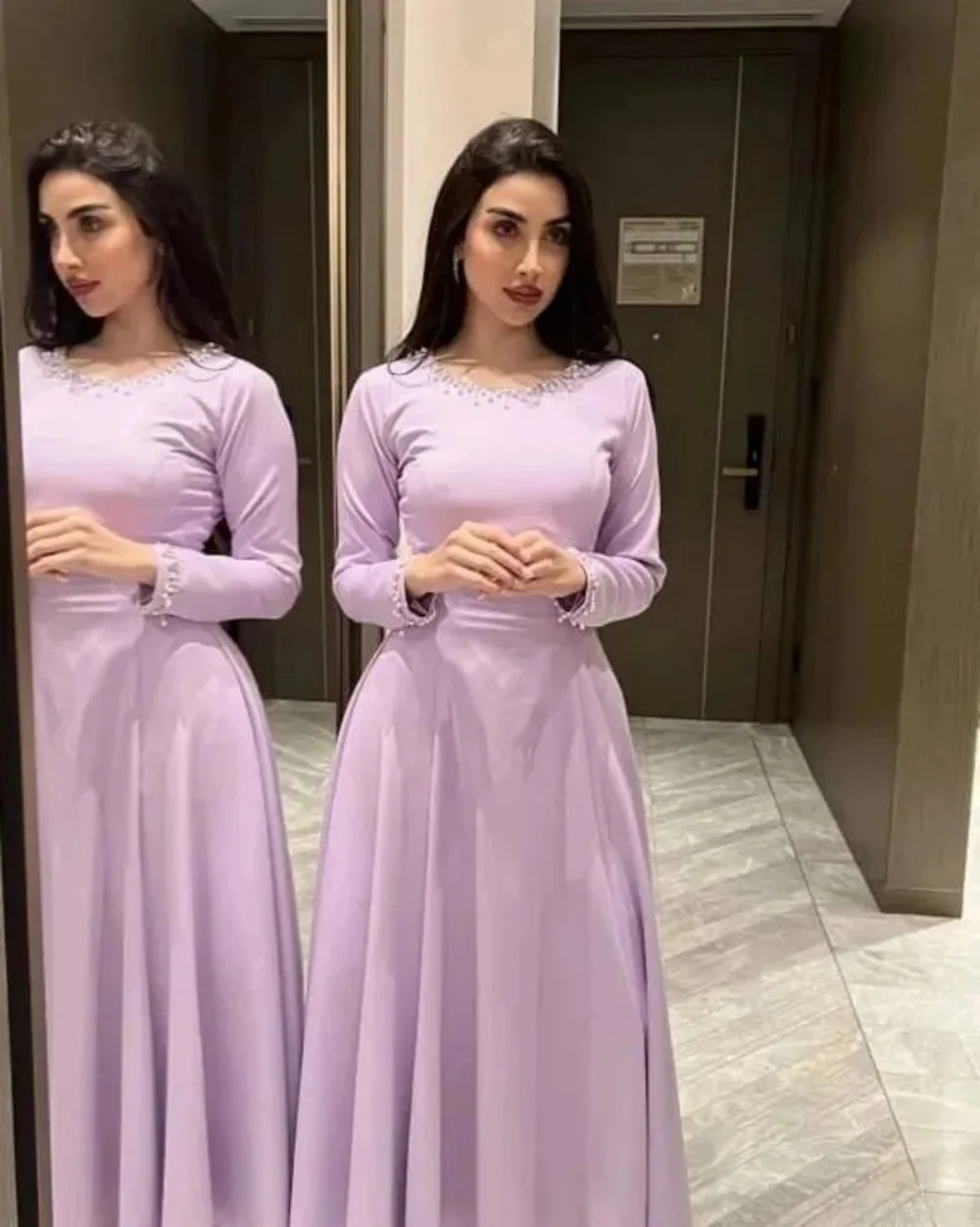 

Light Purple Long Luxury Evening Dress Arab O-Neck Long Sleeve Beads A-Line Satin Party Dress New Spring New Vestidos Para Mujer